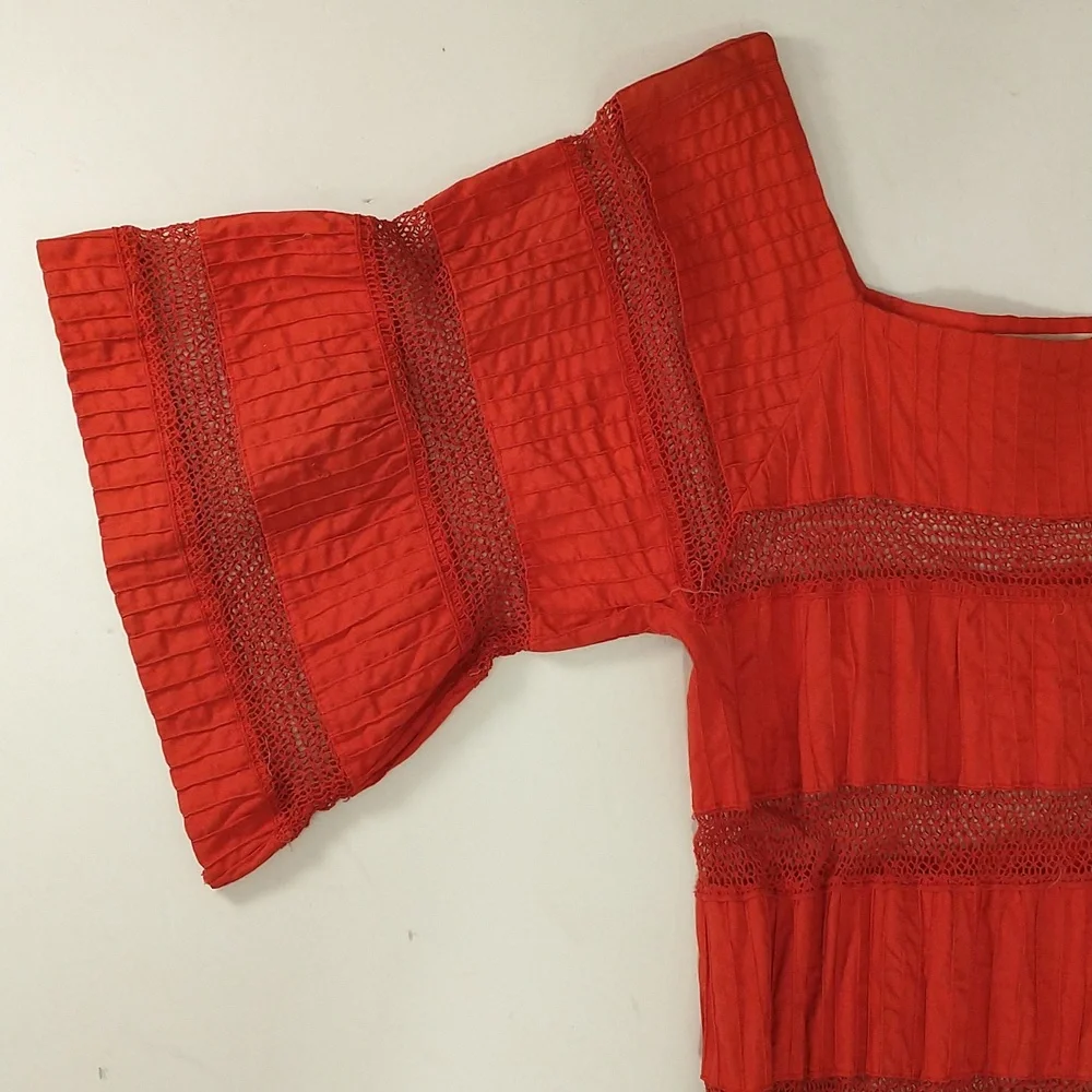 Red Mexican Wedding Dress Delicate Cotton Crochet 59" Long Traditional Fem Maxi - Picture 13 of 14